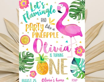 Flamingo Birthday Invitations, Pineapple Invitation, Printable or Printed Invitations, Pink and Gold, Pool Party, Summer, All Ages