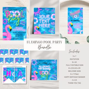 Puede incluir: Un paquete de fiesta de piscina con flamencos imprimibles que incluye una invitación, un cartel de bienvenida, una pancarta de feliz cumpleaños y una etiqueta de agradecimiento. El diseño presenta un flamenco rosa, una piscina azul y texto rosa y verde neón.