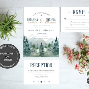 Invito a nozze montagne, matrimonio rustico, deserto, alberi, RSVP, ricevimento, incluso, inviti stampabili o stampati, bianco