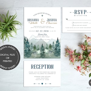 Mountains Wedding Invitation, Rustic Wedding, Wilderness, Trees, RSVP, Reception, Included, Printable or Printed Invitations, White