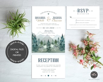 Mountains Wedding Invitation, Rustic Wedding, Wilderness, Trees, RSVP, Reception, Included, Printable or Printed Invitations, White