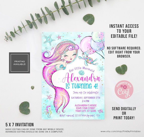 EDITABLE Mermaid Birthday Invitation Under the Sea Birthday Etsy