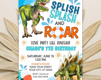 May include: A blue and orange invitation with a dinosaur theme. The text reads "Splish Splash and Roar, Come Party Like Dinosaur, Chase's 7th Birthday, Saturday, June 15, 1:00 PM, Chase's House, 12345 Your Street, Your City, ST 12345, RSVP: Carlie at 222.333.4444".