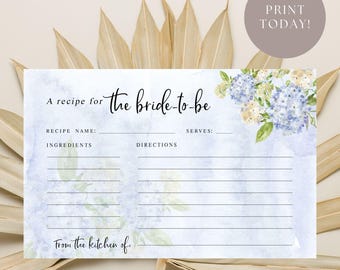 Hydrangea Recipe Card Printable, Bridal Shower Recipe Card, A Recipe for the Bride to Be, Blue Floral Shower Game, Instant Download