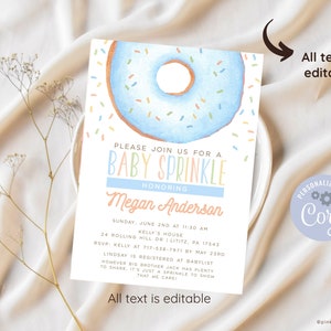 Convite EDITÁVEL para bebê polvilhado, rosquinha para bebê polvilhado, convite para chá de bebê donut, chá de bebê para meninos