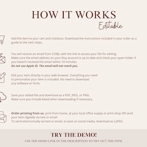 May include: A graphic with instructions on how to use an editable digital product. The graphic includes icons for a shopping cart, an email, a pencil, a cloud, and a printer. The text says "How it Works" and "Editable".