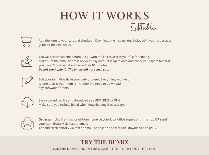 May include: A graphic with instructions on how to use an editable digital product. The graphic includes icons for a shopping cart, an email, a pencil, a cloud, and a printer. The text says "How it Works" and "Editable".