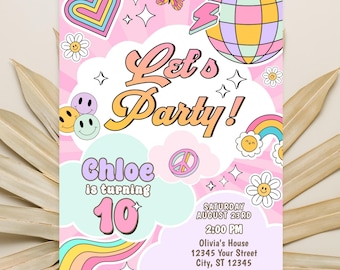 Lets Party Retro Girls Birthday Invitation, Editable Template, Disco Theme Invite, Groovy Tween Party Card, Printable Kids Invite