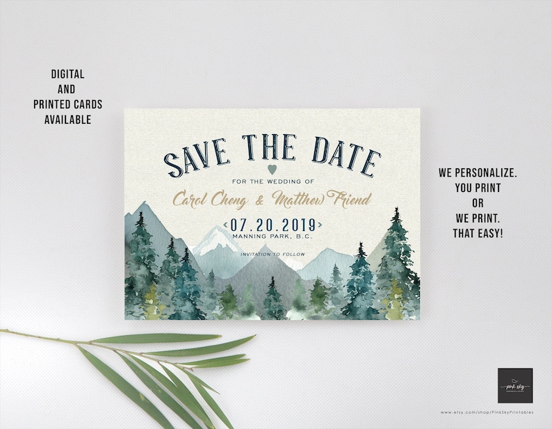 Mountains Wedding Save the Date, Rustic Wedding, Wilderness, Trees, Watercolor, Printable or Printed Save the Date image 2