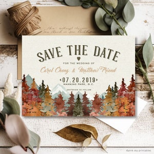 Mountains Fall Wedding Save the Date, Rustic Wedding, Wilderness, Trees, Watercolor, Printable or Printed Save the Date