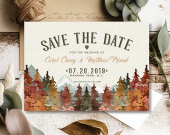 Mountains Fall Wedding Save the Date, Rustic Wedding, Wilderness, Trees, Watercolor, Printable or Printed Save the Date