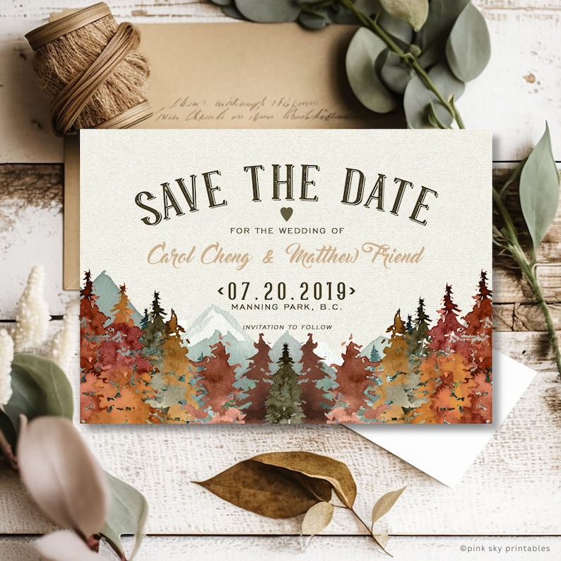 Mountains Fall Wedding Save the Date, Rustic Wedding, Wilderness, Trees, Watercolor, Printable or Printed Save the Date image 1