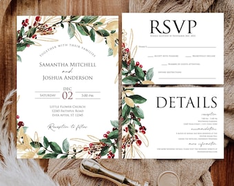 May include: A wedding invitation suite with a gold and green floral design. The invitation features the names Samantha Mitchell and Joshua Anderson, the date December 2nd, and the time 5:00 PM. The RSVP card includes a section for guests to accept or decline the invitation, as well as a space for dietary restrictions. The details card provides information about the reception, accommodations, and additional wedding details.