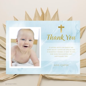 de remerciement de baptême modifiable avec espace photo | Bleu clair et or | Carte de baptême personnalisée pour bébé | Téléchargement instantané