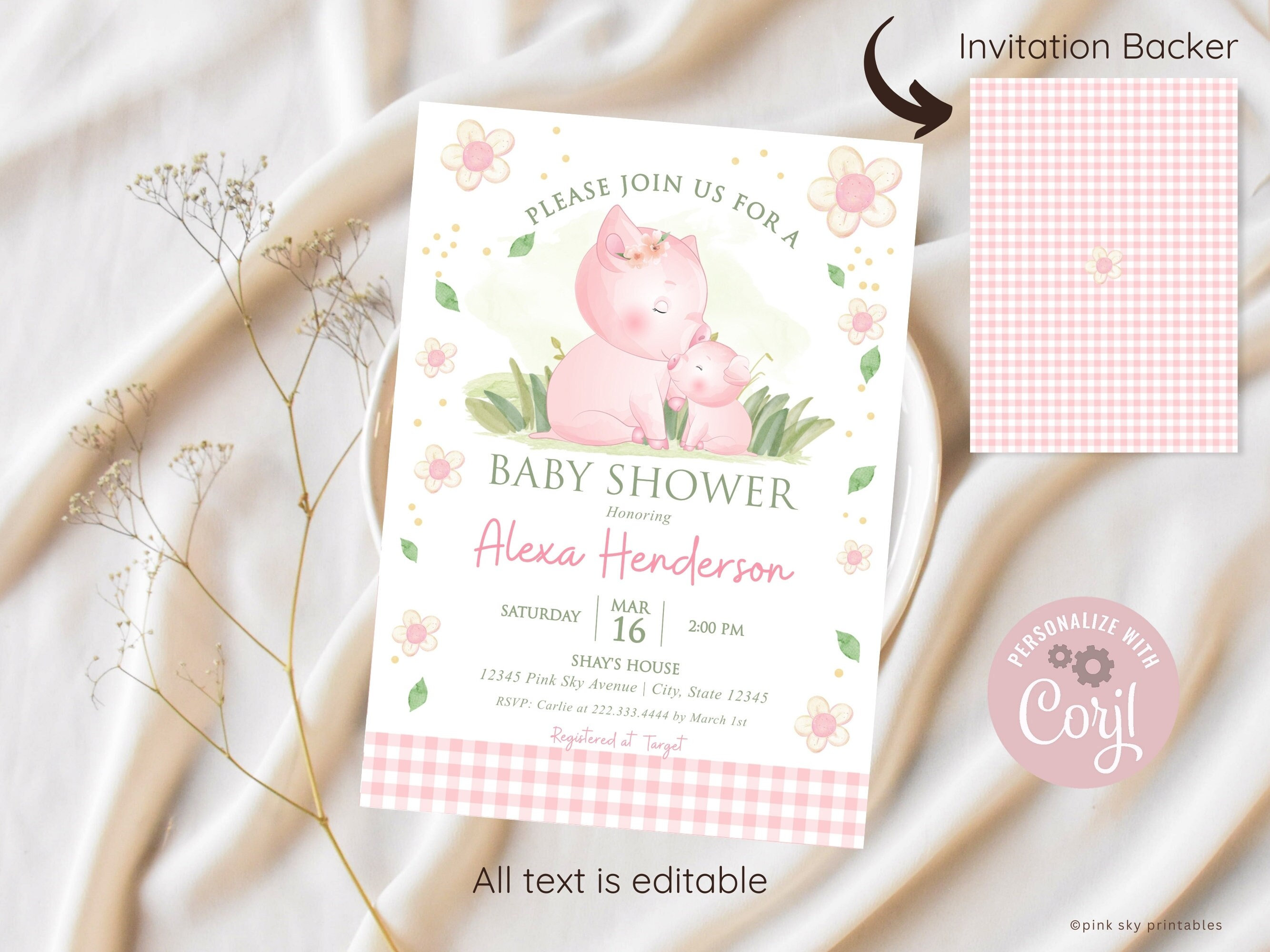 Invitación de baby shower de cerdito, EDITABLE, Baby Shower de granja, Baby  Shower de niña, Gingham rosa, Digital, Imprimible - Etsy México, image size:2667x2000