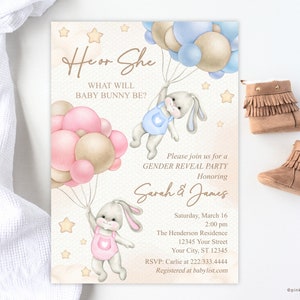 EDITABLE Bunnies Gender Reveal Invitation, Baby Boy Or Girl Party Invite Template, He Or She, Spring, Bunny with Balloons, Easter image 1