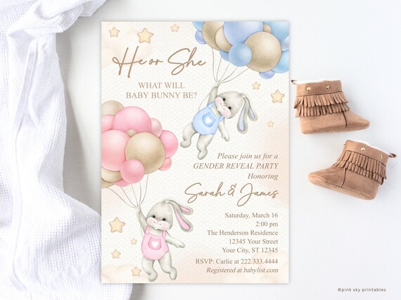 EDITABLE Bunnies Gender Reveal Invitation, Baby Boy Or Girl Party Invite Template, He Or She, Spring, Bunny with Balloons, Easter