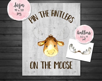 Pin the Antlers on the Moose Game, INSTANT DOWNLOAD, Baby Shower Games, Woodland Baby Shower Game, moose Baby Shower Game