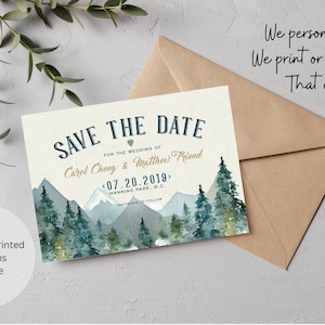 Mountains Wedding Save the Date, Rustic Wedding, Wilderness, Trees, Watercolor, Printable or Printed Save the Date