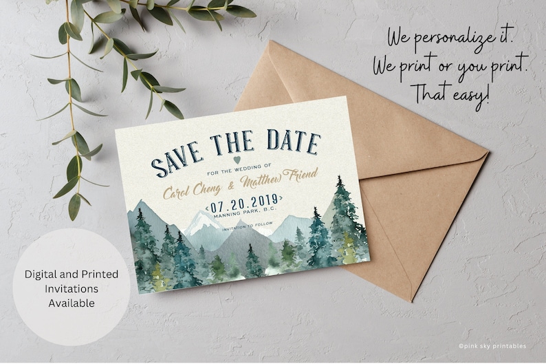 Mountains Wedding Save the Date, Rustic Wedding, Wilderness, Trees, Watercolor, Printable or Printed Save the Date image 1