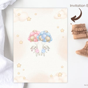 May include: A printable invitation card with a light pink and beige background. Two bunnies are holding onto balloons in the center of the card. The balloons are pink, blue, and gold. The card is decorated with gold stars.