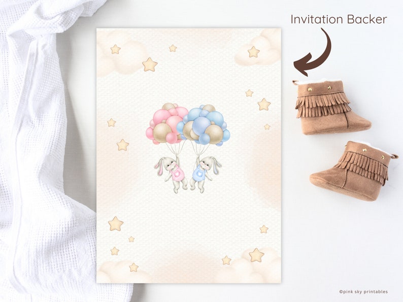 May include: A printable invitation card with a light pink and beige background. Two bunnies are holding onto balloons in the center of the card. The balloons are pink, blue, and gold. The card is decorated with gold stars.