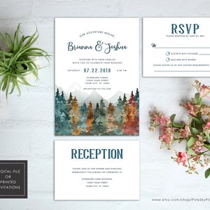 Mountains Fall Wedding Invitation, Rustic Wedding, Wilderness, Trees, RSVP, Reception, Included, Printable or Printed Invitations, White