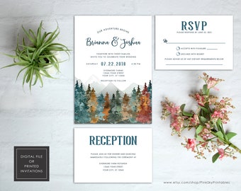 Mountains Fall Wedding Invitation, Rustic Wedding, Wilderness, Trees, RSVP, Reception, Included, Printable or Printed Invitations, White