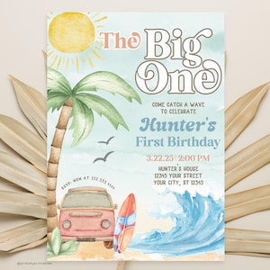 Convite editável para o primeiro aniversário do The Big One Surfing - Convite para festa de prancha de surfe Retro Boy Surf Van - Modelo de download instantâneo com tema de praia