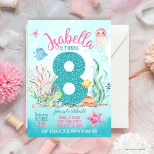 Sea Mermaid Birthday Invitations, Under the Sea Girls Birthday Invitation, Pool Party, Printable or Printed Invitations