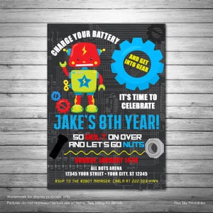 Robots Birthday Invitation, Printable File, Robotics Birthday, Cute Robots, Banner, Chalk, Robots Birthday Party, Build a Robot
