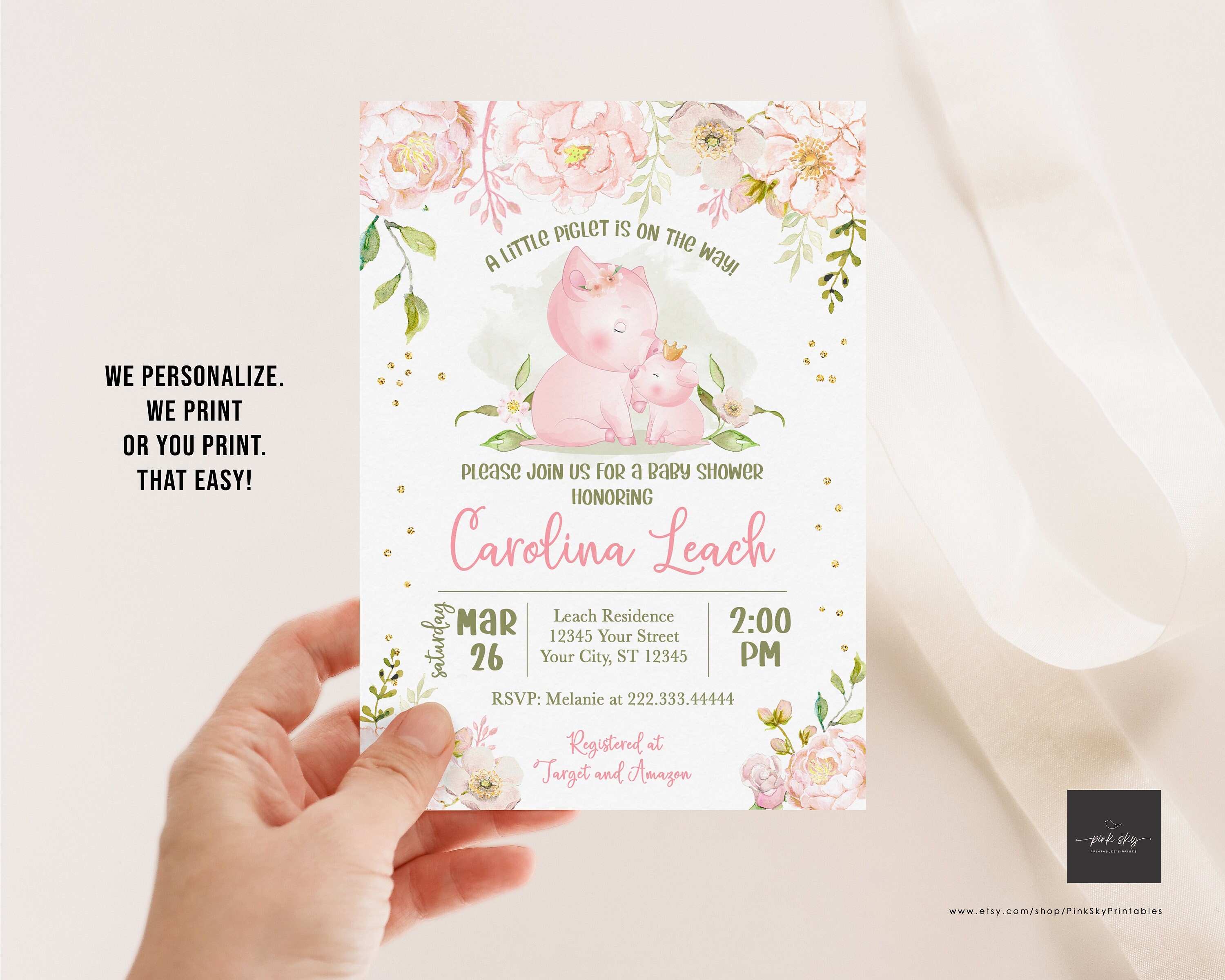 Piggy Baby Shower Invitación, Piglet Girl Baby Shower, Floral Rosa y Oro,  Archivo Digital o Invitaciones Impresas, image size:3000x2400