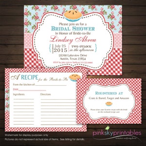 Pie Shabby Chic Bridal Shower Invitation, FREE Registry Card and Recipe Card, Pie Bridal Invitation, Roses Invitations, Floral Bridal Shower