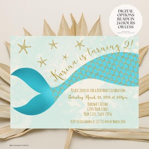 May include: A light blue and gold mermaid tail birthday invitation with the text "Karina is turning 2!" and details for a birthday celebration on Saturday, March 26, 2016 at 3:00pm. The invitation includes the address and RSVP information.