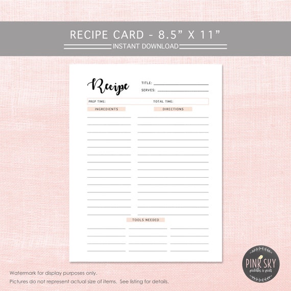 Recipe Card Sheet Printable Family Meal Planner Home | Etsy