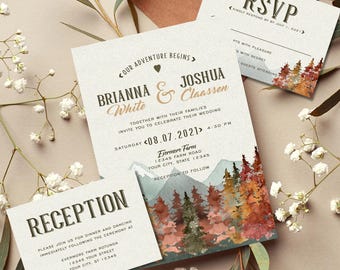 Mountains Fall Wedding Invitation, Rustic Wedding, Wilderness, Trees, Watercolor, RSVP, Reception, Included, Printable or Printed