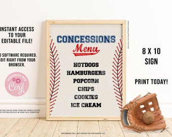 EDITABLE Baseball Concessions Menu Sign, Digital File, Baseball Party Menu, Baseball Birthday, Printable, INSTANT DOWNLOAD