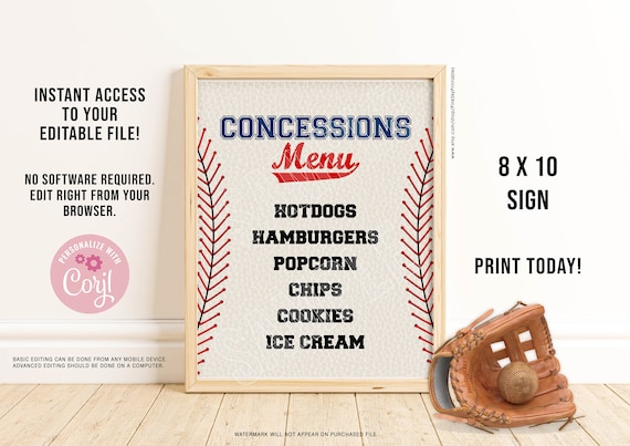 Editable Baseball Concessions Menu Sign Digital File | Etsy