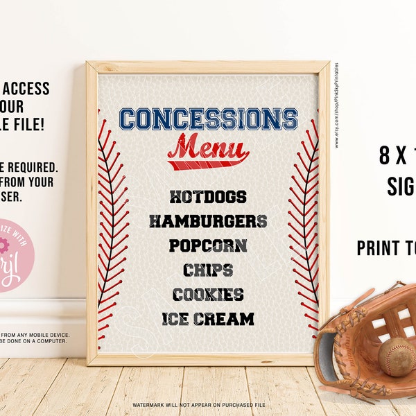 EDITABLE Baseball Concessions Menu Sign, Digital File, Baseball Party Menu, Baseball Birthday, Printable, INSTANT DOWNLOAD