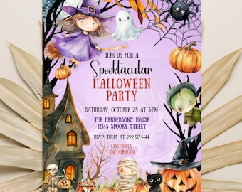 Upiorne zaproszenie na Halloween dla dzieci, edytowalne zaproszenie na imprezę z motywem małych potworów, urocze, nie takie straszne przyjęcie urodzinowe lub halloweenowe, pasujący znak