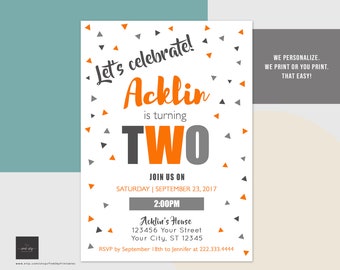 Boys Birthday Invitation, Girls Birthday Invitation, Printable or Printed Invitations, Choose your color, Orange and Gray, Confetti, Modern