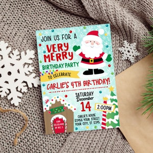 Santa Christmas Birthday Invitation, Printable or Printed Invitations, Holiday Party Invitation, Santa Party Invite