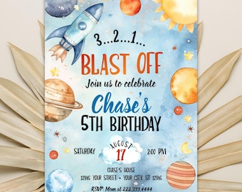 Space Birthday Invitation Template, Planets Rocket Ship Astronaut Invite, Galaxy Blast Off Invitation, Outer Space, Editable Invitation