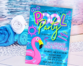 May include: A bright blue and pink pool party invitation with a neon pink and green font. The invitation features a pink flamingo pool float and the text "You're invited to a Pool Party to celebrate Allison's 14th Birthday!"  The invitation also includes the date, time, and location of the party.