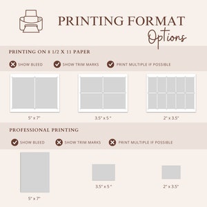 May include: A diagram showing different print sizes for 8.5 x 11 inch paper. The options include showing bleed, trim marks, and printing multiple copies if possible. The sizes shown are 5 x 7 inches, 3.5 x 5 inches, and 2 x 3.5 inches.