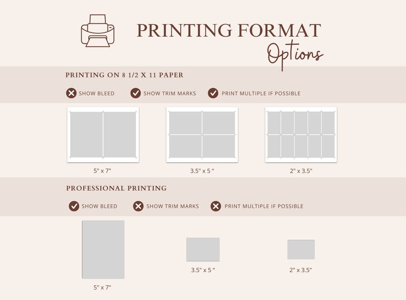 May include: A diagram showing different print sizes for 8.5 x 11 inch paper. The options include showing bleed, trim marks, and printing multiple copies if possible. The sizes shown are 5 x 7 inches, 3.5 x 5 inches, and 2 x 3.5 inches.