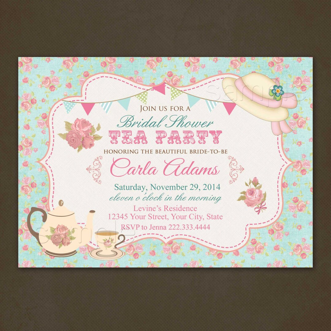 Tea Party Bridal Shower Invitations Printable File, Floral Bridal Shower, Vintage Invitation ...