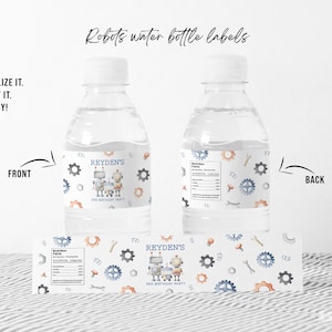 May include: Water bottle labels with a robot theme. The labels feature a blue and orange robot with gears and tools. The text on the label says "Reyden's 1st Birthday Party".