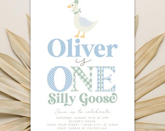 Silly Goose 1st Birthday Invitation, Boys Birthday Invite, Farm Animal Birthday, First Birthday Goose Invite, Editable, Template