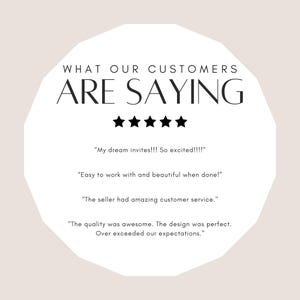 May include: A white circle with black text that reads "WHAT OUR CUSTOMERS ARE SAYING" with five black stars below the text.  Four customer reviews are listed below the stars.  The reviews are all positive and mention the quality of the product, the seller's customer service, and the overall experience.